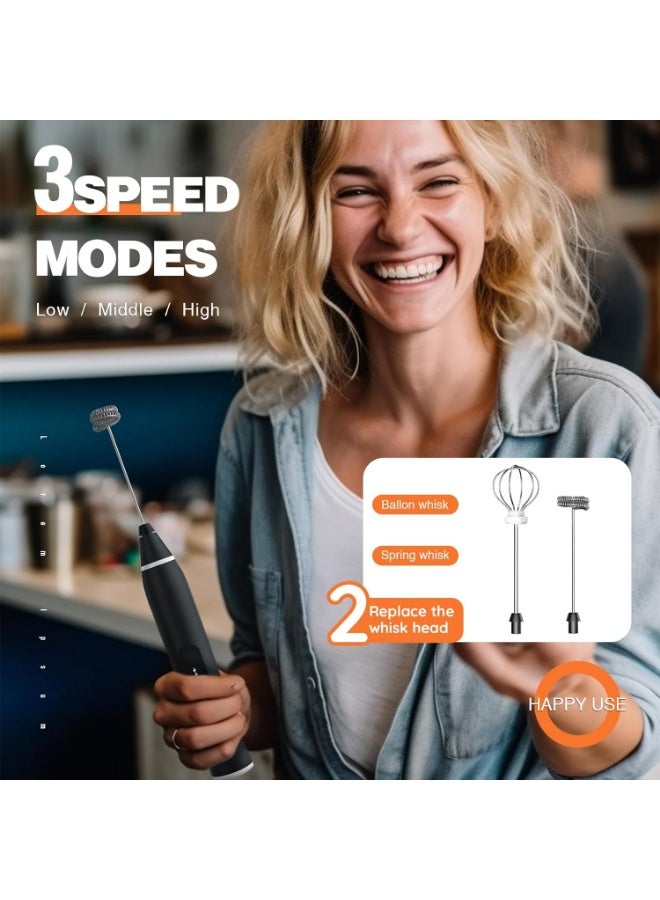 KITCHENOO Milk Frother Rechargeable Handheld Electric Whisk Coffee Frother Mixer with 2 Stainless Whisks 3 Speed Adjustable Foam Maker Blender for Coffee Matcha Latte Cappuccino Hot Chocolate（Black） - Image 2