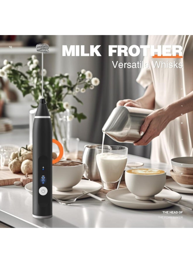 KITCHENOO Milk Frother Rechargeable Handheld Electric Whisk Coffee Frother Mixer with 2 Stainless Whisks 3 Speed Adjustable Foam Maker Blender for Coffee Matcha Latte Cappuccino Hot Chocolate（Black） - Image 4