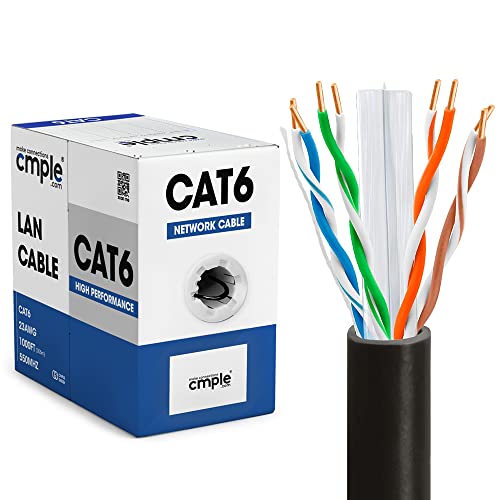 Cmple - Cat6 Cable 1000ft Bulk Lan Ethernet Cat 6 Wire Network UTP 23AWG CMR Riser 10Gbps 550 MHz Pull Box 1000 Feet, Black - Image 1