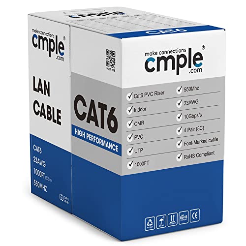 Cmple - Cat6 Cable 1000ft Bulk Lan Ethernet Cat 6 Wire Network UTP 23AWG CMR Riser 10Gbps 550 MHz Pull Box 1000 Feet, Black - Image 4