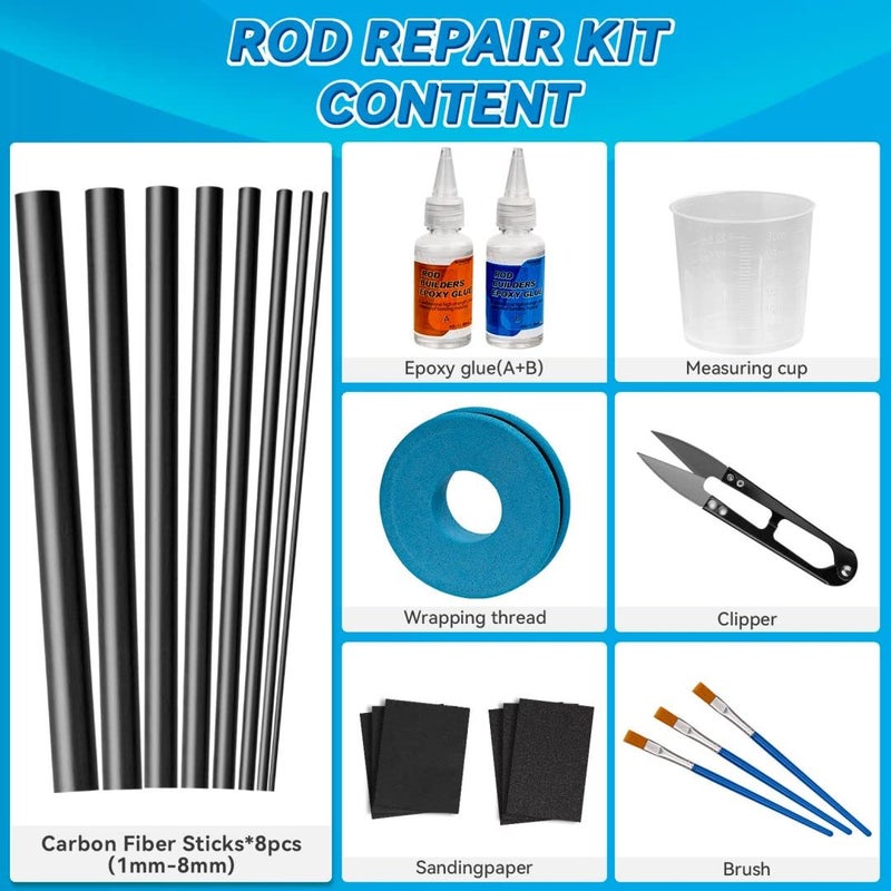 THKFISH Fishing Rod Repair Kit with Carbon Fiber Sticks Rod Tips Repair kit Rod Eyelet Replacement kit Pole Repair Kit Complete for Rod Building Supplies - Image 2