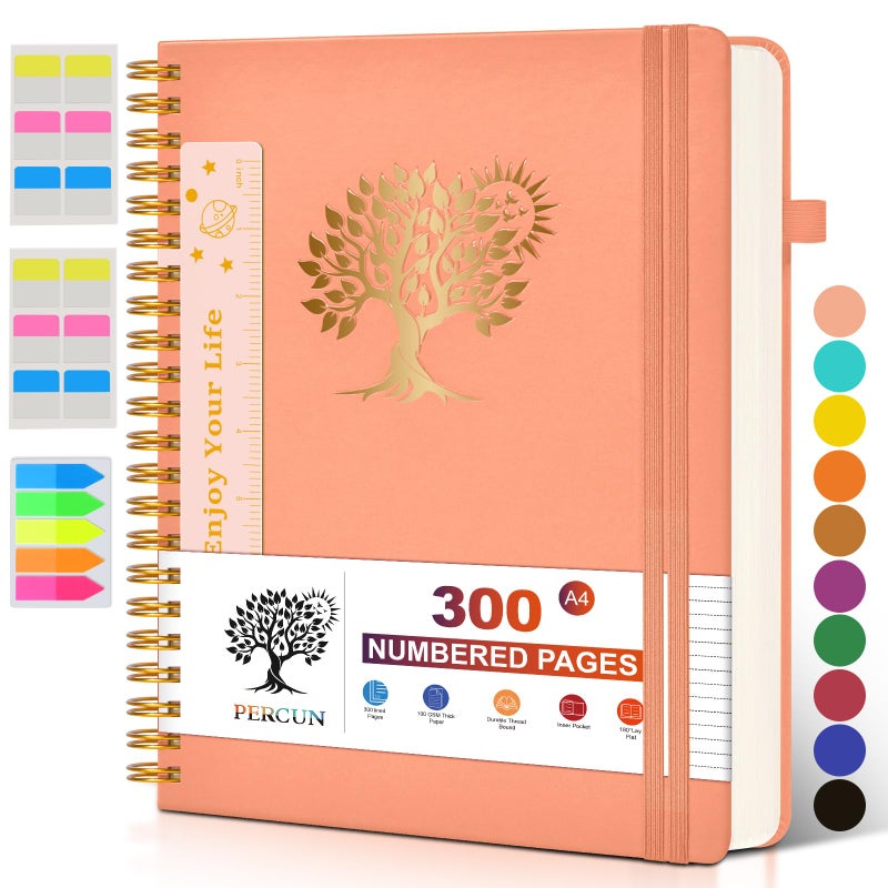 PERCUN Large Spiral Notebook Journal for Women Men - 300 Numbered Lined Pages, College Ruled, A4 Hardcover Spiral Bound Notebook for School, Work, Note Taking, Writing, Leather Spiral Journal 8.5"x11" - Image 1