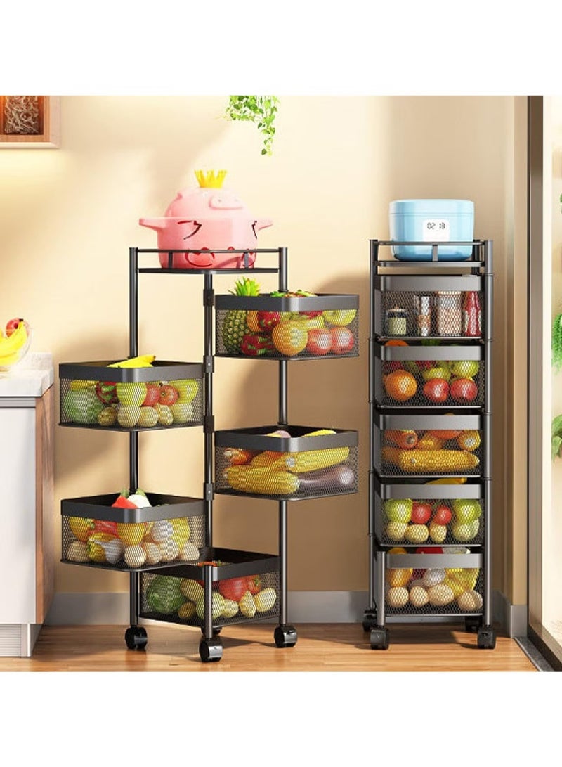 بريمو بلس رف تخزين دوار للمطبخ ومنظم تخزين للحمام وسلة فاكهة للمطبخ وعربة تخزين دوارة مع عجلات لتنظيم ادراج التوابل (لون اسود، 5 طبقات مربعة)، معدن، كروم - Image 1