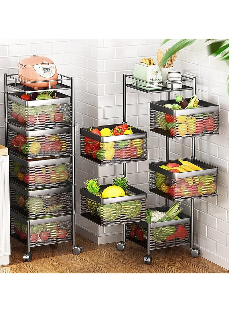 بريمو بلس رف تخزين دوار للمطبخ ومنظم تخزين للحمام وسلة فاكهة للمطبخ وعربة تخزين دوارة مع عجلات لتنظيم ادراج التوابل (لون اسود، 5 طبقات مربعة)، معدن، كروم - Image 2
