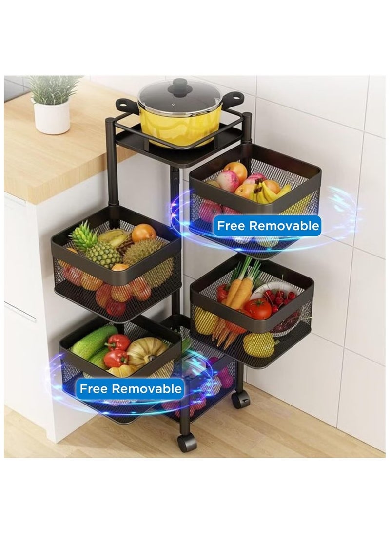 بريمو بلس رف تخزين دوار للمطبخ ومنظم تخزين للحمام وسلة فاكهة للمطبخ وعربة تخزين دوارة مع عجلات لتنظيم ادراج التوابل (لون اسود، 5 طبقات مربعة)، معدن، كروم - Image 4