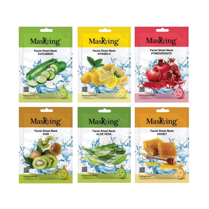 MasKing Beauty Cucumber VitaminC Pomegranate Kiwi Alovera Honey extract Facial sheet mask for glowing andhydrating daily Skin care combo pack of 6 - Image 1