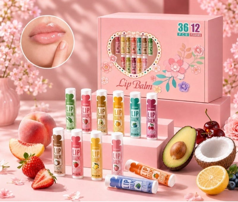 36 pieces of Lip balm extracted from natural fruits, moisturizing and soothing to repair dry and cracked lips -  12 different and distinctive flavors - Image 1