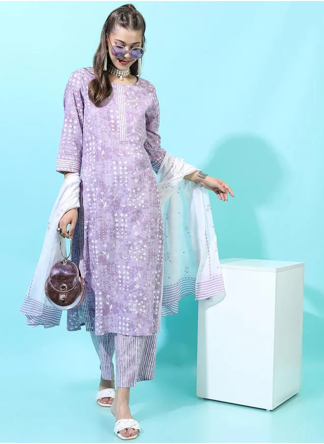 Vishudh Women Purple Printed Cotton Kurta Set by Styli