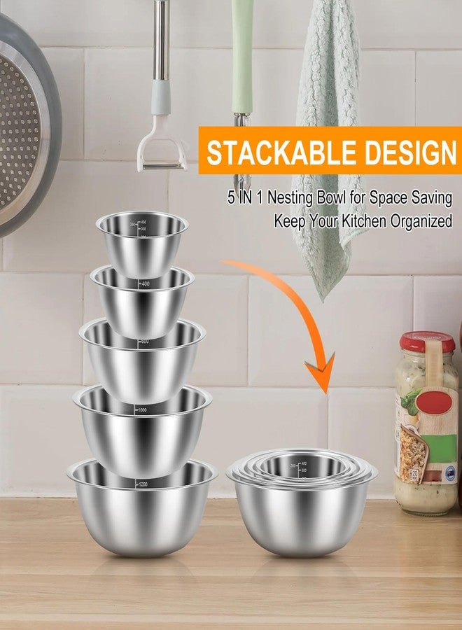 TMWEFUSC 10 Pack Stainless Steel Bowls ，Nesting Mixing Bowl Set with Scale Marks, 5 Different Size (4.5, 3,2,1.5,0.7QT) Baking Bowls Mixing Set for Kitchen Food Storage, Cooking, Baking (10) - Image 4