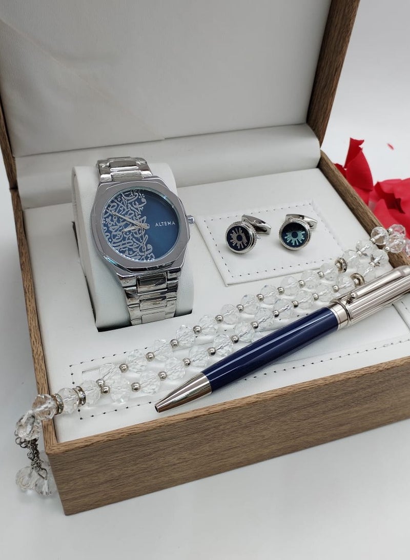 Men's set  consisting of four pieces: a watch, a pen, cufflinks, and a rosary.