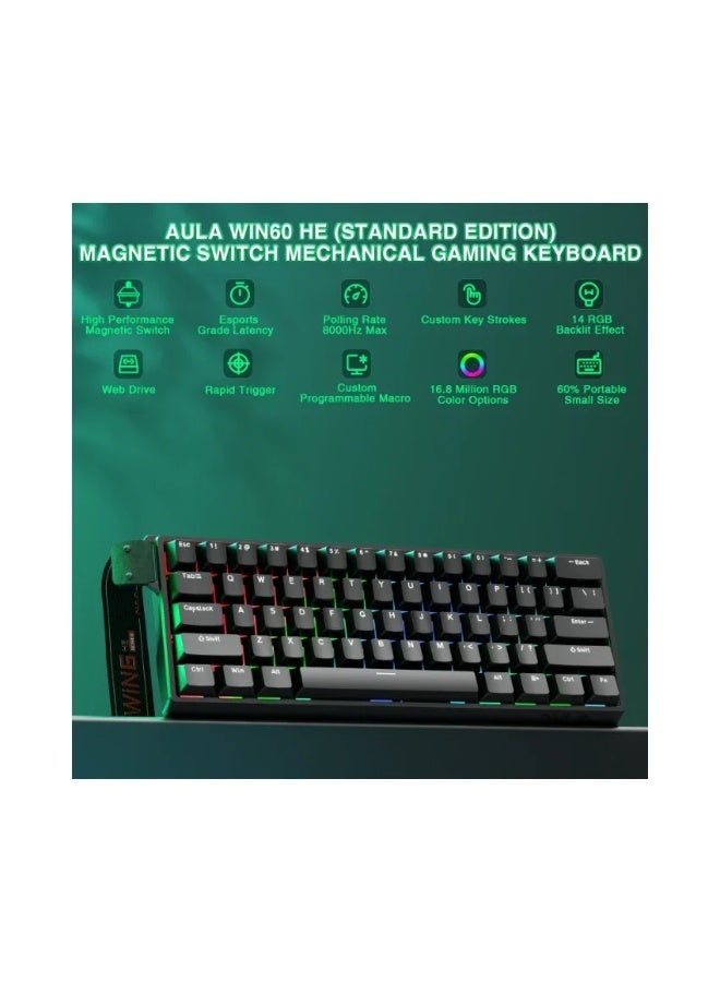 AULA WIN60 HE 60% Magnetic Gaming Keyboard with Gray Wood Magnetic Switch, Hall Effect Technology, Rapid Trigger, Adjustable Actuation 0.08–3.4mm, 8000Hz Polling Rate, 32K Scan Rate, 0.01mm Accuracy, Gasket Mount, RGB Backlit, USB-C Wired, Hot-Swappable | Black - Image 2