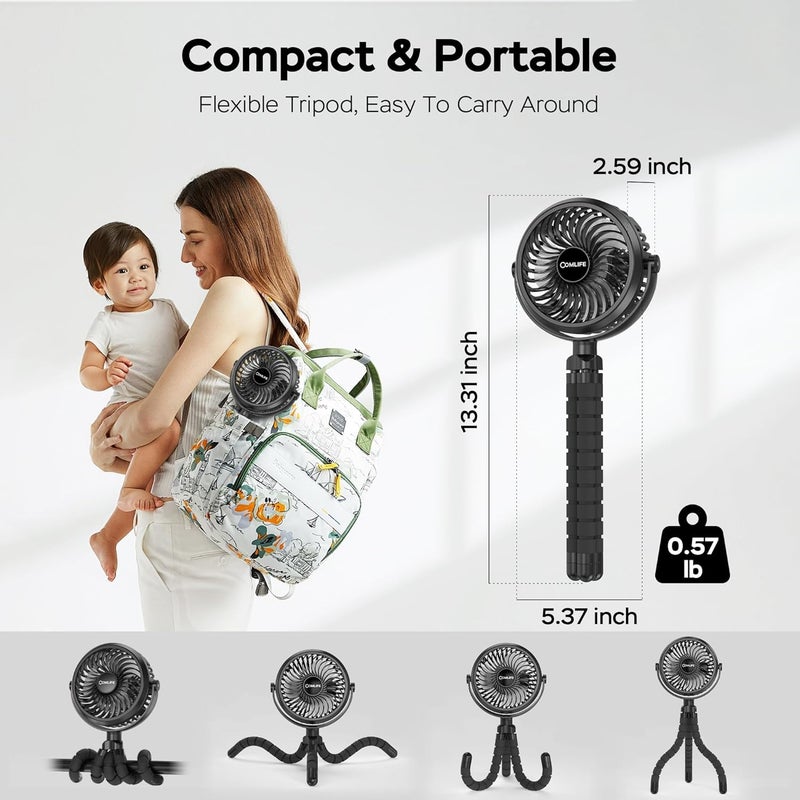 COMLIFE Baby Stroller Fan With Light Rechargeable Battery Operated Max 10Hrs Cooling 3 Speeds 360 Rotate USB Desk Fan Flexible Tripod Clip On Fan for Stroller Car Seat Crib Treadmill Golf Cart - Image 2