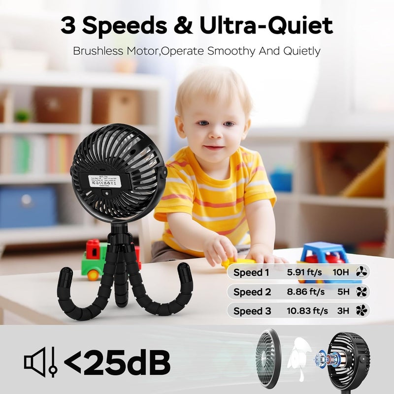 COMLIFE Baby Stroller Fan With Light Rechargeable Battery Operated Max 10Hrs Cooling 3 Speeds 360 Rotate USB Desk Fan Flexible Tripod Clip On Fan for Stroller Car Seat Crib Treadmill Golf Cart - Image 3