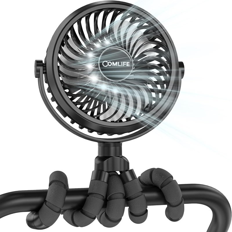 COMLIFE Baby Stroller Fan With Light Rechargeable Battery Operated Max 10Hrs Cooling 3 Speeds 360 Rotate USB Desk Fan Flexible Tripod Clip On Fan for Stroller Car Seat Crib Treadmill Golf Cart - Image 1