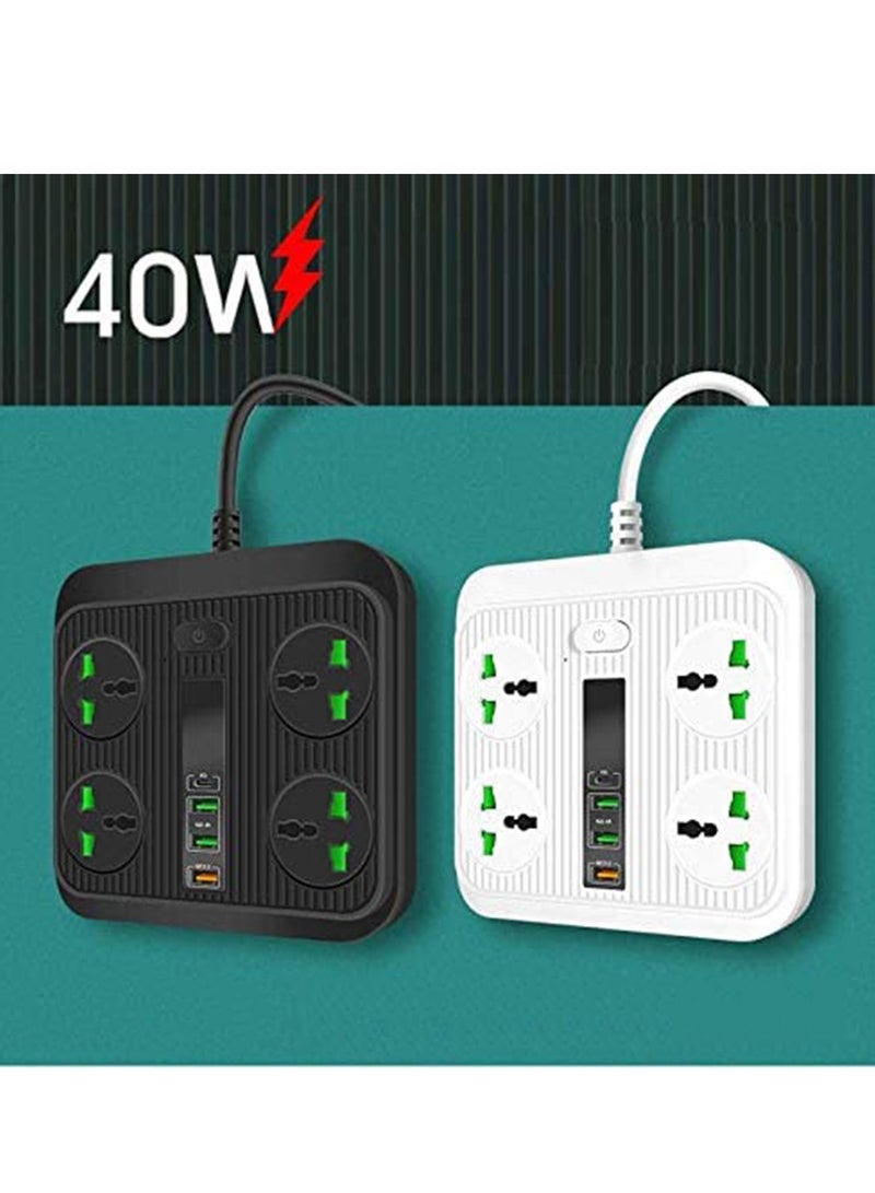 SYOSI وصلة كهربائية عالمية بمخارج 4 منافذ USB 4 طرق لموزعات الطاقة واقي من زيادة التوتر 2Mor سلكBold محول شاحن محمول قابل للفصل وفيوز ومحطة شحن 40W شحن فائق السرعة أسود - Image 2