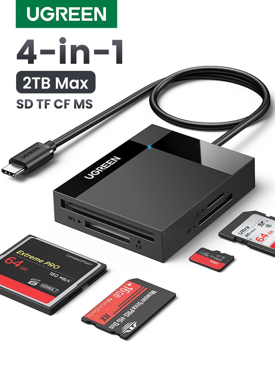 Ugreen USB C SD Card Reader 4 in1 Memory Card Adapter External SD Micro SD MS CF Compact Flash Camera Card Reader For Macbook Computer PC Laptop iPhone 16 15 Pro Max Galaxy S26 25 Ultra SLR Sports Camera Black