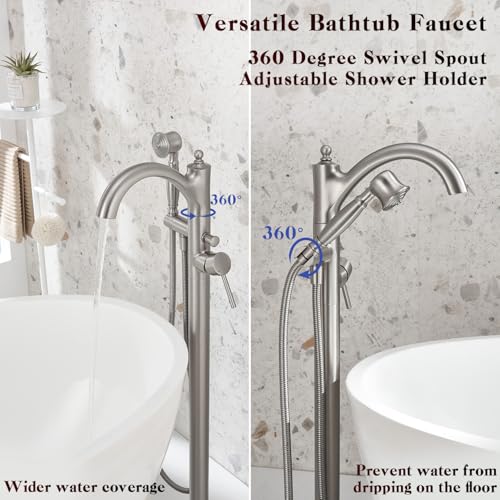 Wintap Freestanding Tub Faucets, Classic Freestanding Bathtub Faucet with Retro Handheld Sprayer High Flow Max 7.04GPM Floor Mount Tub Filler Swivel Spout Bath Tub faucet Brushed Nickel (WT-9002BN) - Image 5