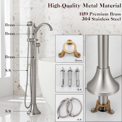 Wintap Freestanding Tub Faucets, Classic Freestanding Bathtub Faucet with Retro Handheld Sprayer High Flow Max 7.04GPM Floor Mount Tub Filler Swivel Spout Bath Tub faucet Brushed Nickel (WT-9002BN) - Image 3