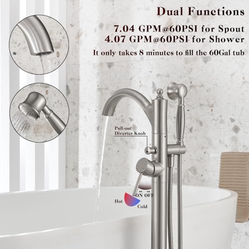 Wintap Freestanding Tub Faucets, Classic Freestanding Bathtub Faucet with Retro Handheld Sprayer High Flow Max 7.04GPM Floor Mount Tub Filler Swivel Spout Bath Tub faucet Brushed Nickel (WT-9002BN) - Image 4