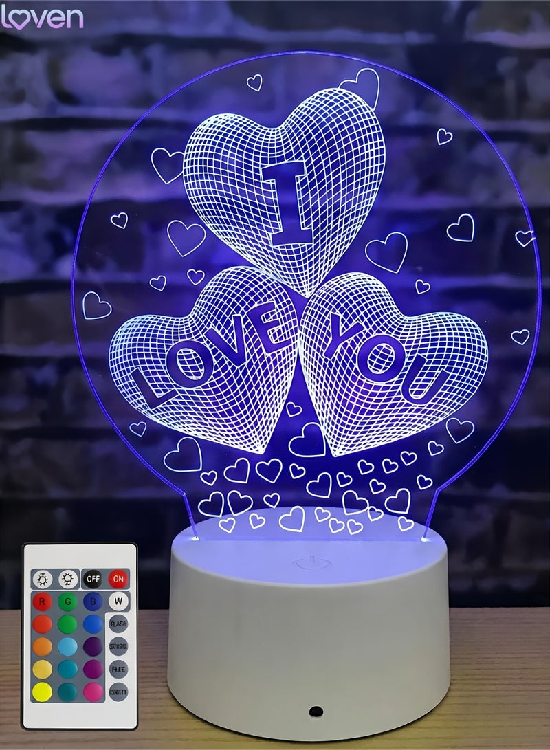 loven 3D I Love You Illusion lamp LOVE Shape Night Light 16Colors Changing Smart Touch Remote Control Optical Illusion Bedside Lamps Bedroom Home Decoration for Kids Boys & Girls Women Birthday Gifts - Image 1