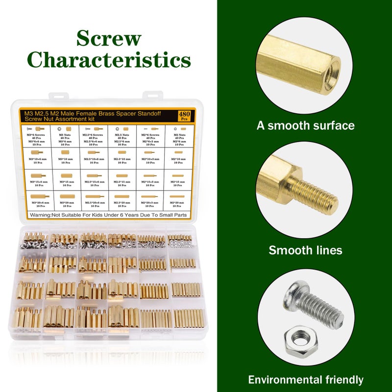 Csdtylh 480Pcs M2 M2.5 M3 Motherboard Standoffs&Screws&Nuts Kit, Hex Male-Female Brass Spacer Standoffs, Laptop Screws for DIY Computer Build, Electronic Projects, Raspberry Pi, Circuit Board etc. - Image 3