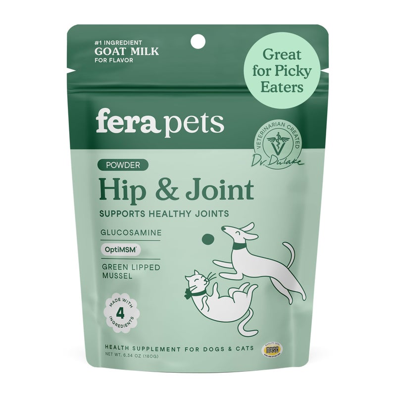 Fera Pets Goat Milk - Cat & Dog Hip and Joint Support with Glucosamine, MSM & Green Lipped Mussel - Supports Flexibility, Mobility & Bone Health - for Picky Eaters - 60 TSP - Image 1
