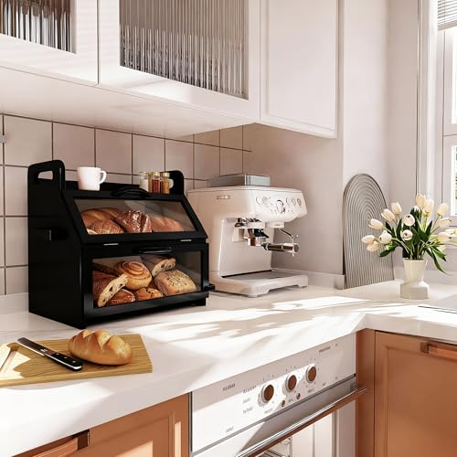 BAMBANG Extra Large Bread Box, Double Layer Bread Box for Homemade Bread, Bamboo Wooden Bread Storage Container with Tool Holder & Handles & Window, Assembly Required(14.9" x 11" x 15.3") Black - Image 5