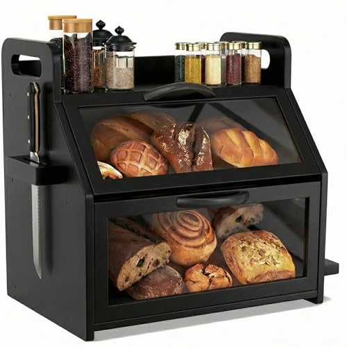 BAMBANG Extra Large Bread Box, Double Layer Bread Box for Homemade Bread, Bamboo Wooden Bread Storage Container with Tool Holder & Handles & Window, Assembly Required(14.9" x 11" x 15.3") Black - Image 1