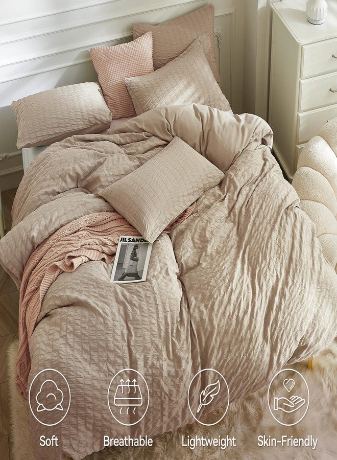 JELLYMONI Khaki Duvet Cover Cal King Size, 3pcs Washed Microfiber Bedding Set, Soft Breathable Seersucker Duvet Cover Set with Zipper Closure and Corner Ties for All Seasons - Image 2