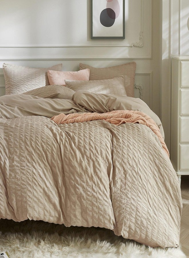 JELLYMONI Khaki Duvet Cover Cal King Size, 3pcs Washed Microfiber Bedding Set, Soft Breathable Seersucker Duvet Cover Set with Zipper Closure and Corner Ties for All Seasons - Image 1