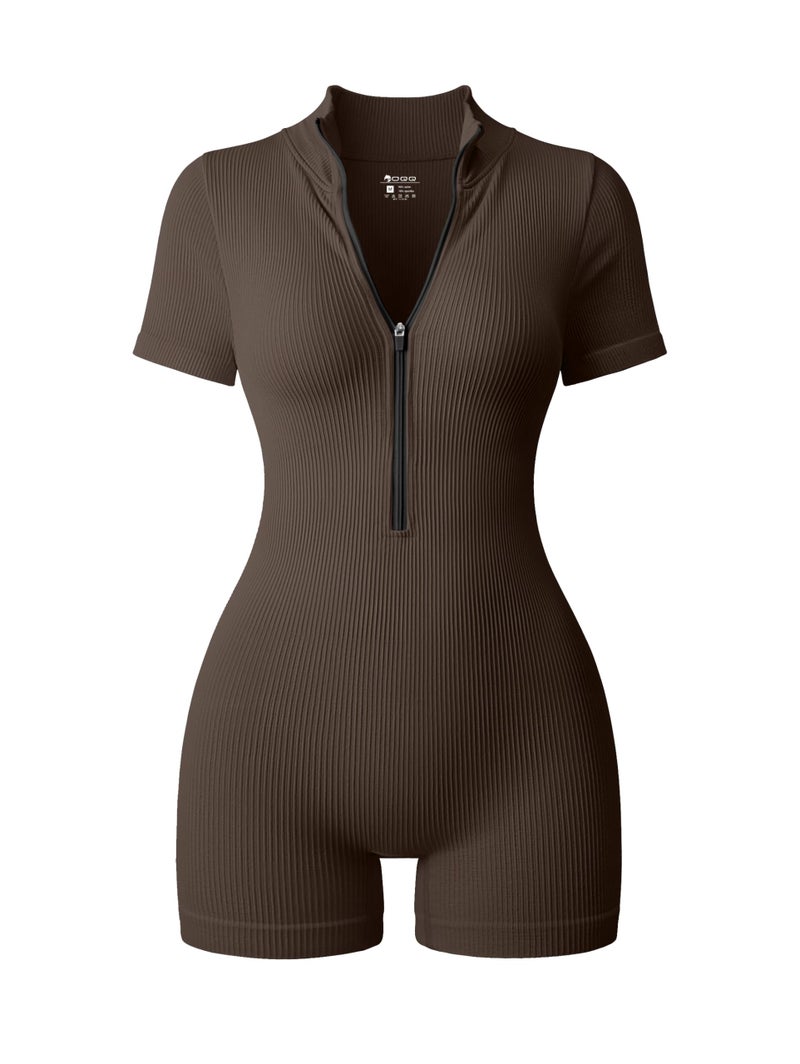 OQQ Women Rompers Ribbed Short Sleeve Zip Front Stretch Tummy Control Yoga Workout Rompers Darkbrown - Image 1