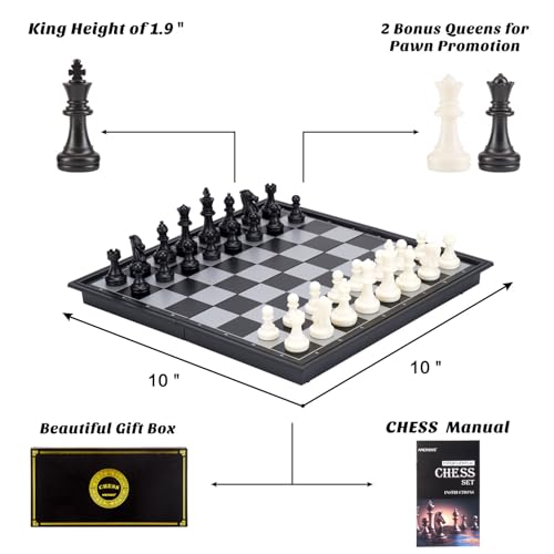 AMEROUS 10 Inches Magnetic Travel Chess Set with Folding Chess Board - 2 Extra Queens - Instructions for Beginner, Kids and Adults - Image 2