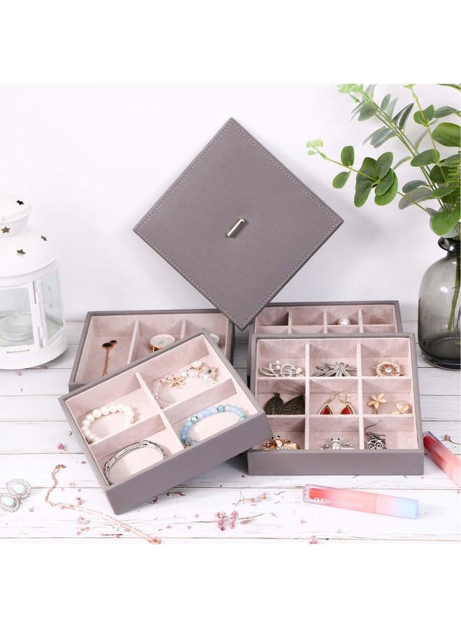 BEWISHOME Jewelry Organizer Tray Stackable Earring Storage Trays with Lid for Dresser and Drawer 32 Slots for Rings, Earrings, Necklaces, Bracelets and Watches Set of 4 Grey SSH81H  - Image 2