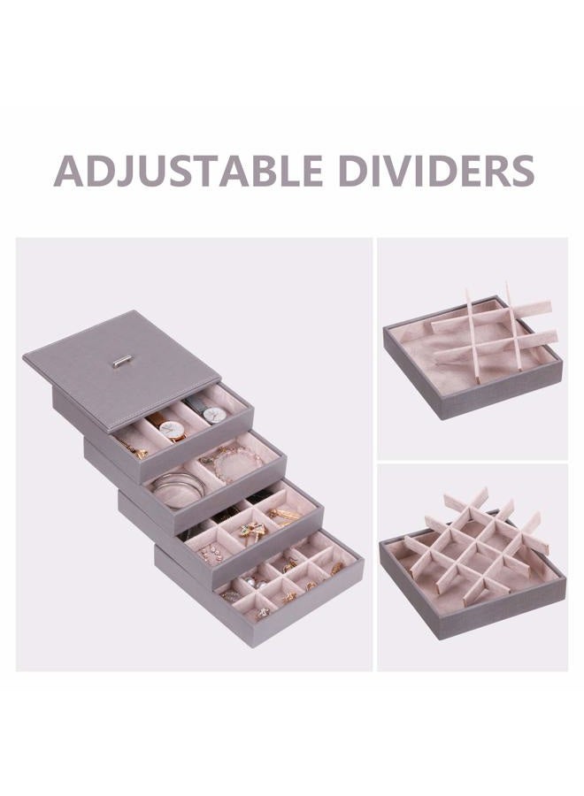 BEWISHOME Jewelry Organizer Tray Stackable Earring Storage Trays with Lid for Dresser and Drawer 32 Slots for Rings, Earrings, Necklaces, Bracelets and Watches Set of 4 Grey SSH81H  - Image 3