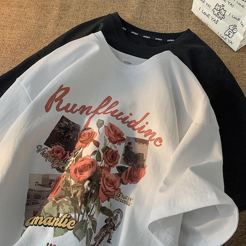 2022 Summer New Casual Printed Short-sleeved T-shirt Men's Hong Kong-style Loose All-match Couple's Half-sleeved Top Ins T-shirt - Image 1