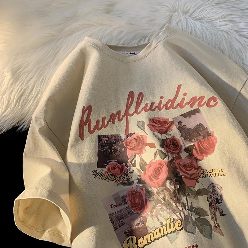 2022 Summer New Casual Printed Short-sleeved T-shirt Men's Hong Kong-style Loose All-match Couple's Half-sleeved Top Ins T-shirt - Image 2