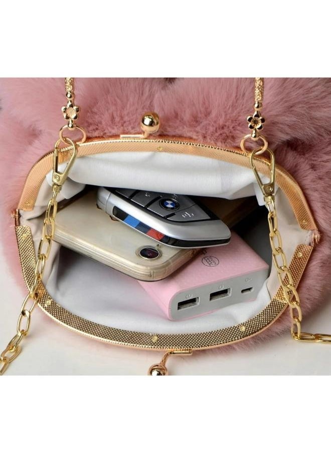 Executive LLC Cute Soft Rabbit Ear Sling Hand Bag With Smooth Zipper,Cross Body Bag For Girls,Clutch Purse with Gold Metal Chain Strap, Plush Side Bag, Shoulder hand Purse  - Image 5