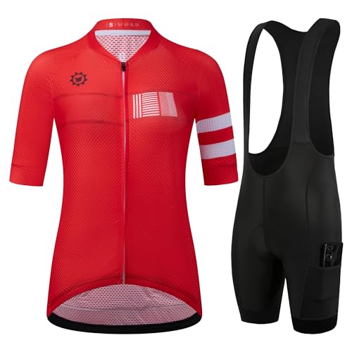 GCRFL Womens Cycling Jersey Sets Road Bike Jersey Riding Shirts Highly Breathable Bib Shorts with Pockets and 4D Padded Red M