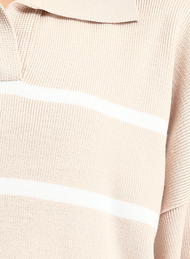 RAVIN Women Open Neck Long Sleeves Pullover Beige White - Image 3