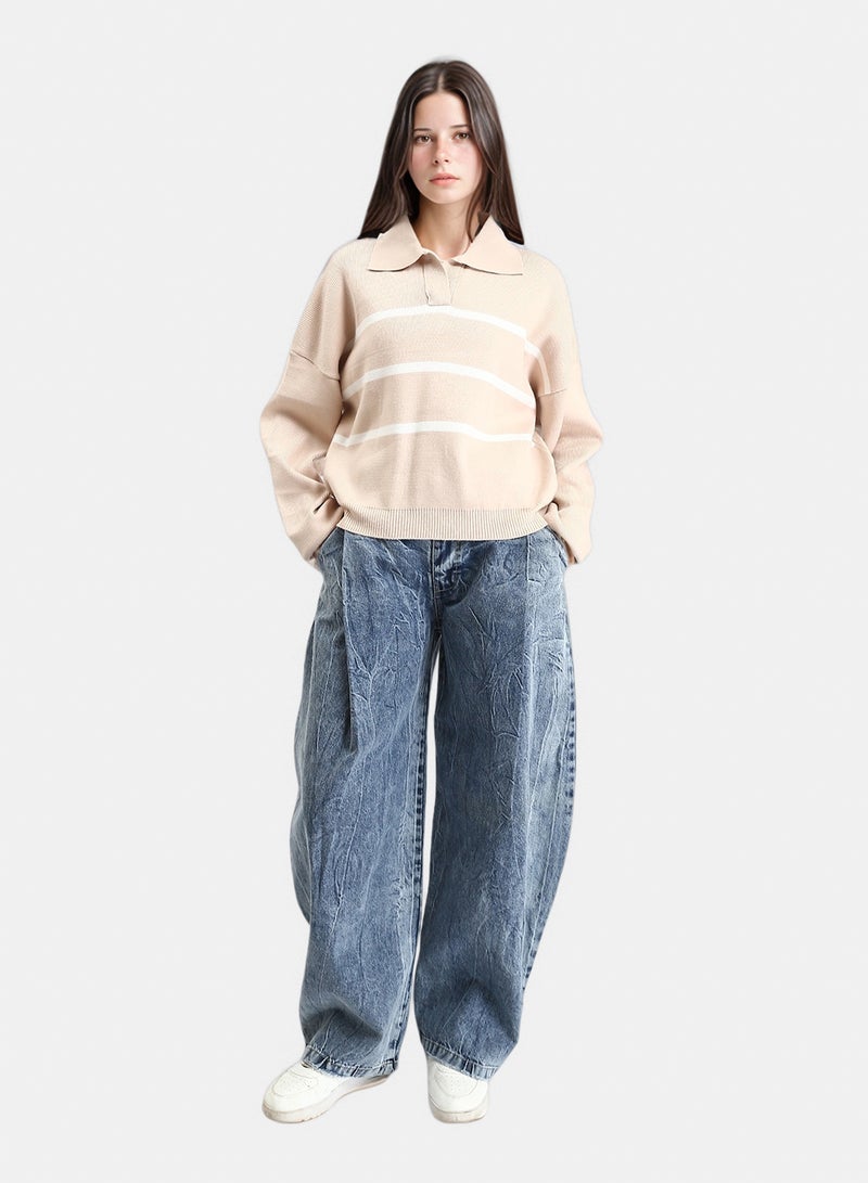 RAVIN Women Open Neck Long Sleeves Pullover Beige White - Image 4