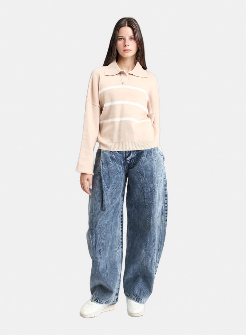 RAVIN Women Open Neck Long Sleeves Pullover Beige White - Image 5