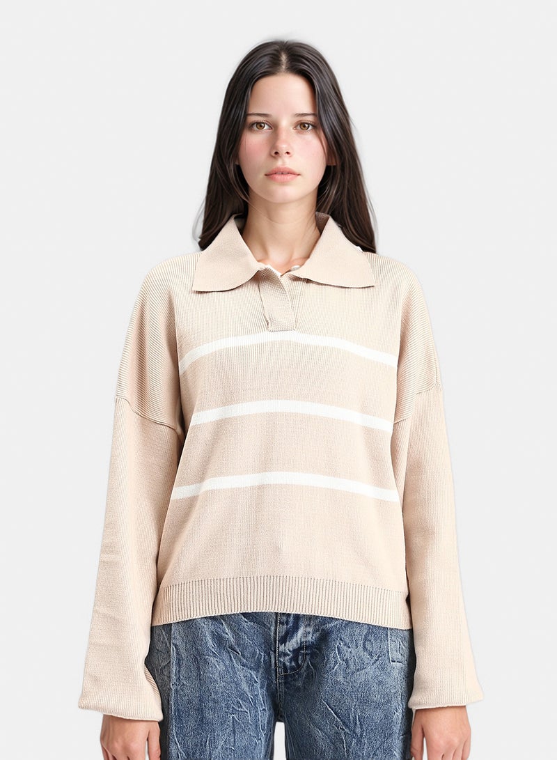 RAVIN Women Open Neck Long Sleeves Pullover Beige White - Image 1