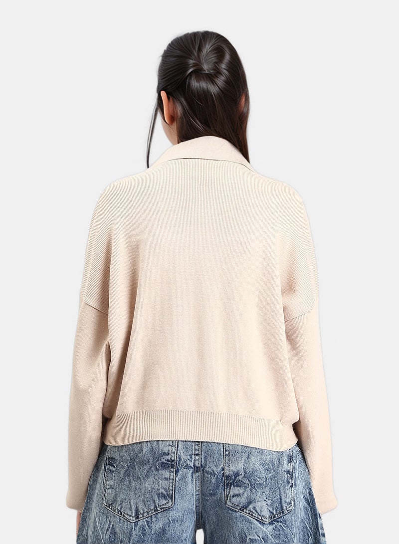 RAVIN Women Open Neck Long Sleeves Pullover Beige White - Image 2