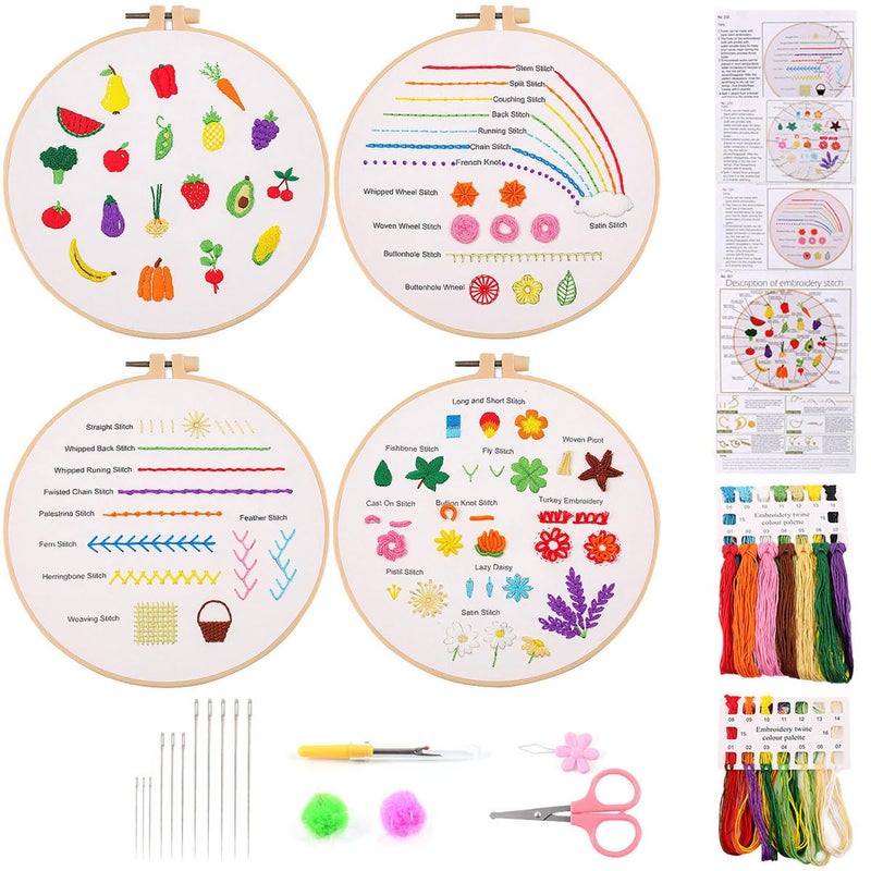 MAMUNU Embroidery Stitch Practice Kit 4 Pack Embroidery Kit for Beginners with Flowers Plants Pattern Embroidery Starter Kit with Instructions Hoop Threads and Tools for Adults Kids