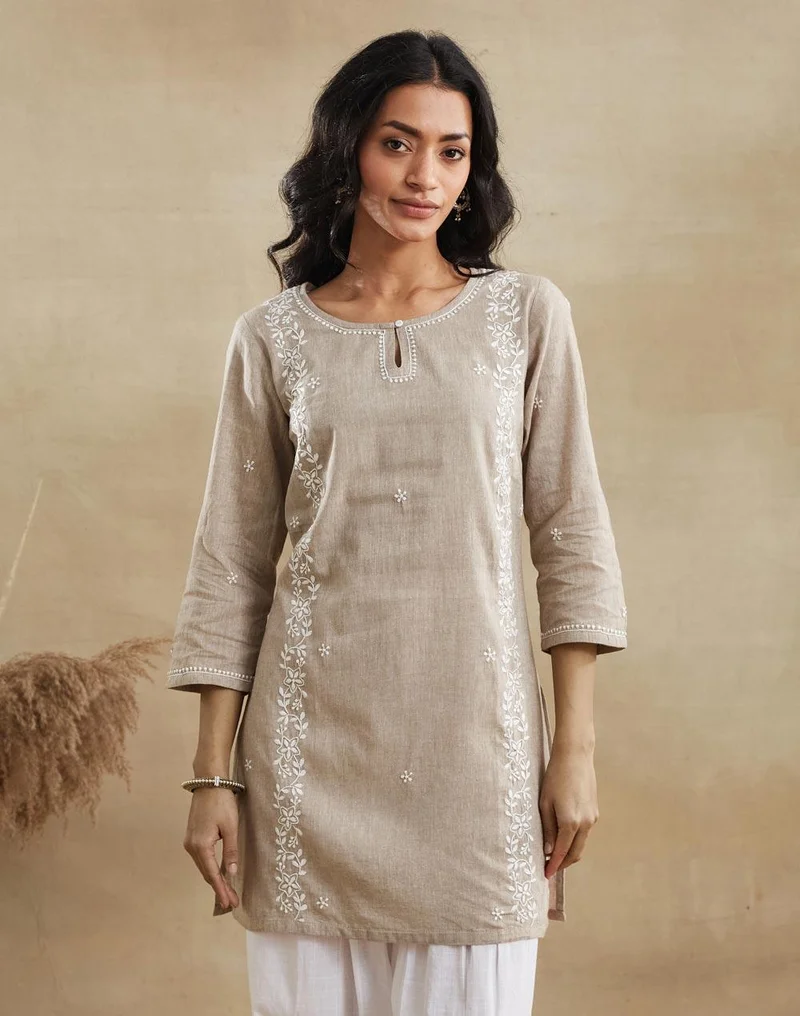 فاب انديا Beige Cotton Chikankari Short Kurta