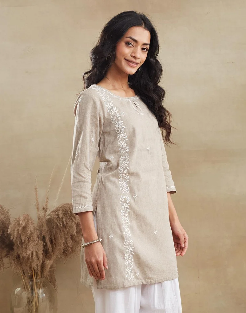 Fabindia  Beige Cotton Chikankari Short Kurta for Women | Best Price UAE