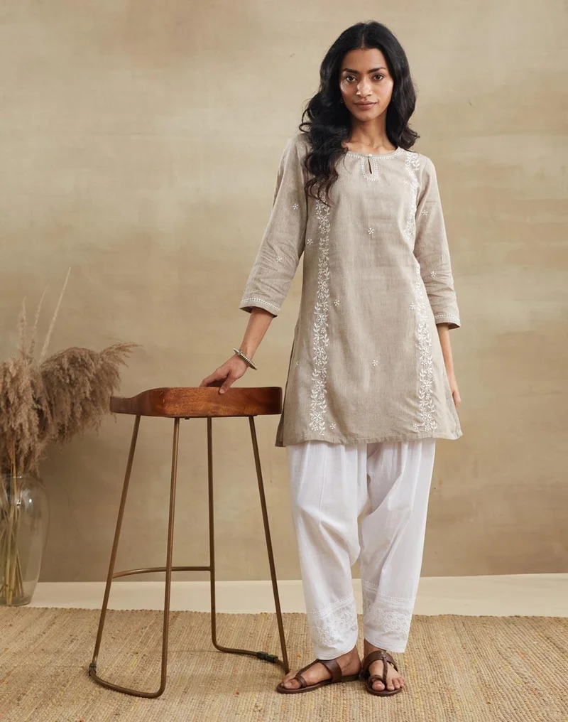 Fabindia  Beige Cotton Chikankari Short Kurta for Women | Best Price UAE