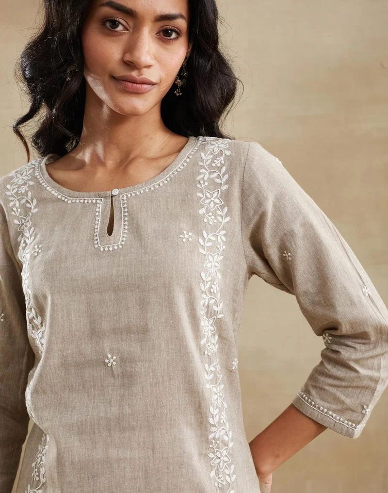 Fabindia  Beige Cotton Chikankari Short Kurta for Women | Best Price UAE