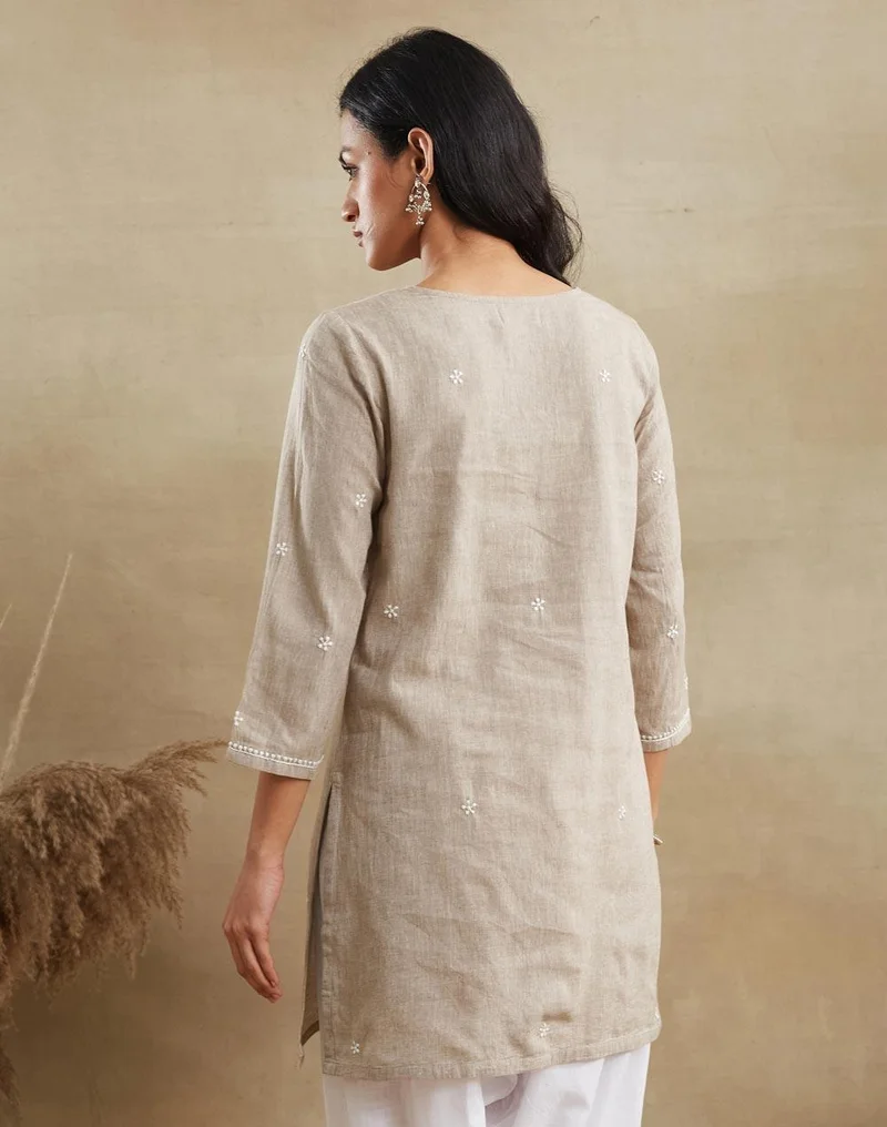 Fabindia  Beige Cotton Chikankari Short Kurta for Women | Best Price UAE