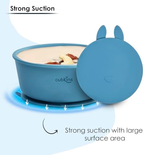 CUBKINS Silicone Suction Bowl, Adjustable Bib with Early Feeding Bendable Spoon for Feeding Babies | BPA Free, Washable and Reusable Bowl & Bib for Kids, Toddlers (Blue Olive) - Image 2